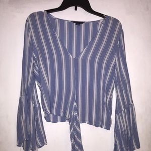 Blue and White Striped Tie-Front Blouse Top